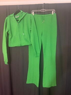 Fashion Nova Green Cropped Hoodie & Flare Sweatpants Set